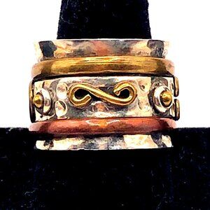 BoHo Brutalist 925 Silver Gold Tone Copper Accent Scroll High Cuff Ring Sz 6.75
